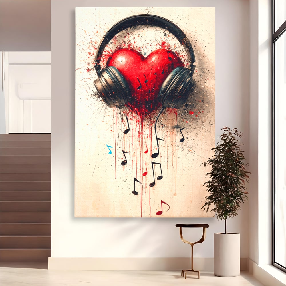 Tablou canvas cu tablou canvas cu inima rosie si casti audio, fara rama, pe sasiu de lemn